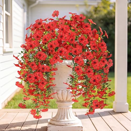 Sggvecsy Artificial Fake Hanging Flowers Plants for Outdoor Outside Spring Summer Decoration 2PCS Faux Silk UV Resistant Realistic Mums Daisy with Eucalyptus for Home Porch Patio Balcony(Red) by Sggvecsy