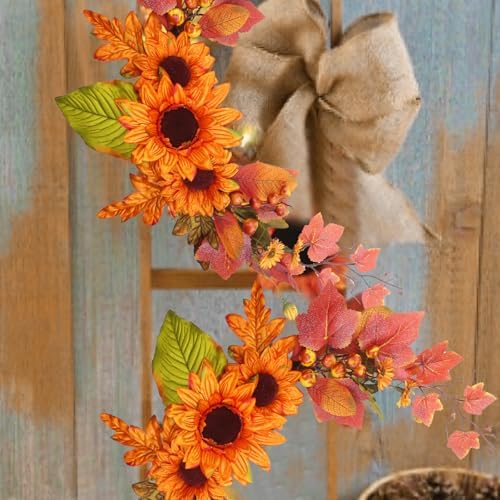 Fall Swag Artificial Flowers for Autumn Decoration Orange Artificial Sunflowers Maple Leaf Hanging Floral Swag Wedding Arch Garland Wreath for Front Door Wall Decor Halloween Thanksgiving - Image 4