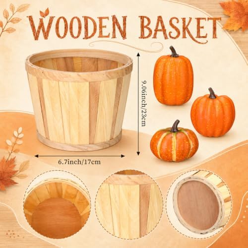 RattanView Fall Front Porch Decor Set Wooden Harvest Basket 9 x 6.7 in 3 Artificial Pumpkin 100 Fake Fillers LED Light Fall Decorations for Home Autumn Porch Decor for Thanksgiving Outdoor Farmhouse - Image 2