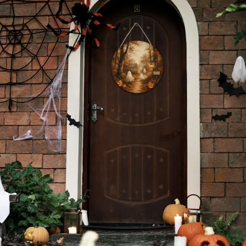 Fall Halloween Round Door Sign, 10 Inch Wooden Hanging Plaque with Rope, Rustic Autumn Wall Decor for Home Porch Entryway Halloween Party Decoration - A04 - Image 5