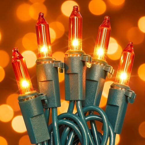 Hopolon Orange Halloween Lights, 13 FT 50 Count Christmas Lights Green Wire by Hopolon
