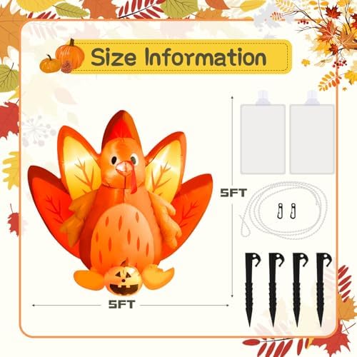 5FT Halloween & Thanksgiving Inflatable Turkey&Pumpin,with Built-in LED Lights, Outdoor/Indoor Seasonal Decoration with Pumpkin, Yard Lawn Garden Holiday Blow-Up Decor - Image 5