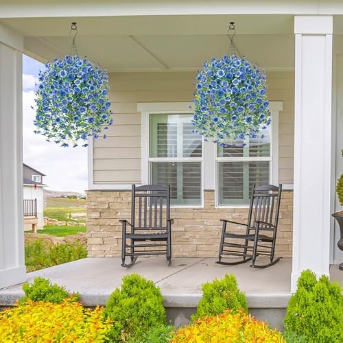HyeFlora Artificial Hanging Flowers Basket for Outdoor, Fake Flowers Faux Plants Look Real for Yard Gardens Porch Patio Home (Blue) - Image 6