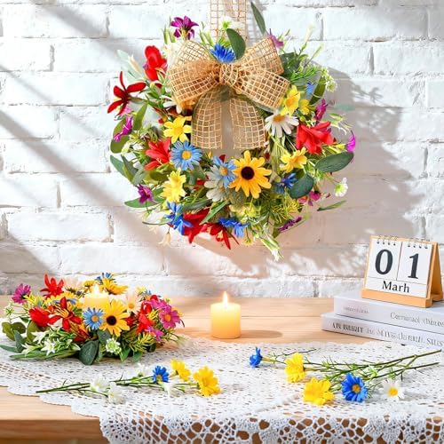 4 PCS 9'' Mini Floral Kitchen Cabinet Wreath Small Artificial Spring Summer Wreath for Front Door with Burlap Ribbon Sunflowers Daisy Butterfly Hanging Farmhouse Wreaths for Porch Wall Window Decor - Image 2
