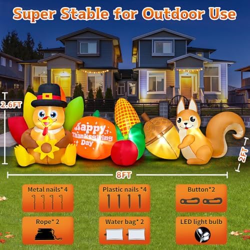8FT Thanksgiving Inflatables Outdoor Decoration Inflatable Turkey Squirrel Pumpkin, Built in LED Lights Blow Up Yard Decorations for Fall Holiday Party Garden Lawn Décor - Image 4