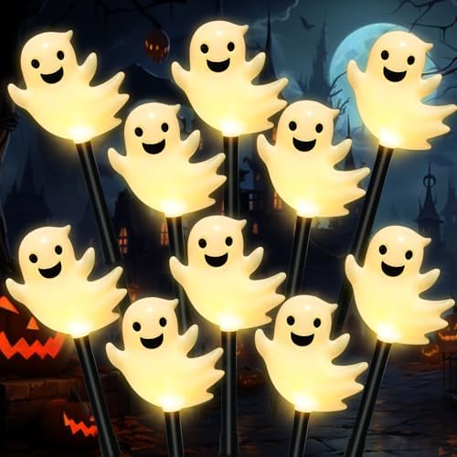 BRIGHTDECK Halloween Solar Pathway Lights Outdoor, LED Decor, Light Up Solar Stake Lights for Holiday, Halloween, Walkway, Sidewalk (Warm White Floating Ghost, 10-Pack) by BRIGHTDECK