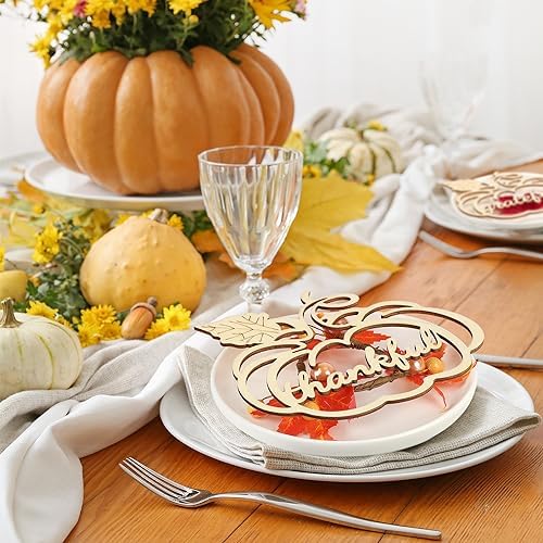 12 Pcs Thanksgiving Pumpkin Wooden Plate Decor Grateful Wood Cutouts Fall Autumn Thankful Blessed Favour Gather Party Place Card Table Settings Signs for Farmhouse Dining Table Holiday Harvest - Image 2