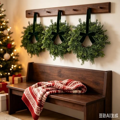 8 PCS Mini Real Touch Christmas Wreaths for Kitchen Cabinets Artificial Norfolk Lifelike Cedar Wreaths with Bow for Christmas Window Door Fireplace Chairs Wall Staircase Indoor Outdoor Home Decor - Image 5