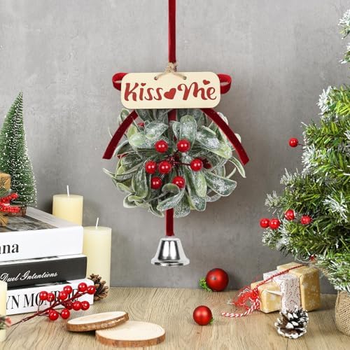 2 PCS Christmas Mistletoe Decoration Artificial Mistletoe Hanging Ornament Kissing Ball with Berry Bow Silver Bell Wooden Sign'kiss Me' for Doorway Home Xmas Tree Friendship Holiday Party Decor (Red) - Image 2