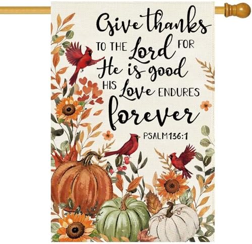 Baccessor Fall House Flag 28x40 Inch Double Sided,Fall Cardinal Pumpkin Thanksgiving Give Thanks to The Lord Large Garden Flag Seasonal Farmhouse Holiday Yard Outdoor Outside Decoration by Baccessor