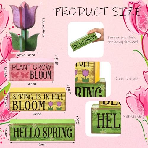 Moucuny 4 Pcs Spring Wood Block Signs Tiered Tray Decor Farmhouse Table - Image 3