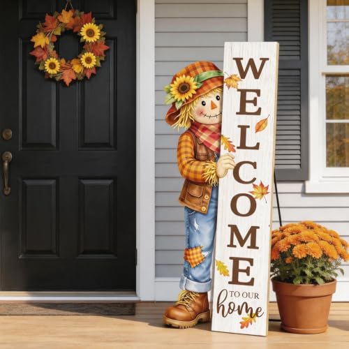 Fall Door Decor Wooden Scarecrow Welcome Sign for Front Door 42" Thanksgiving Standing Porch Decoration, Farmhouse Outdoor Patio Yard Ornament for Autumn Home by Homuvdok