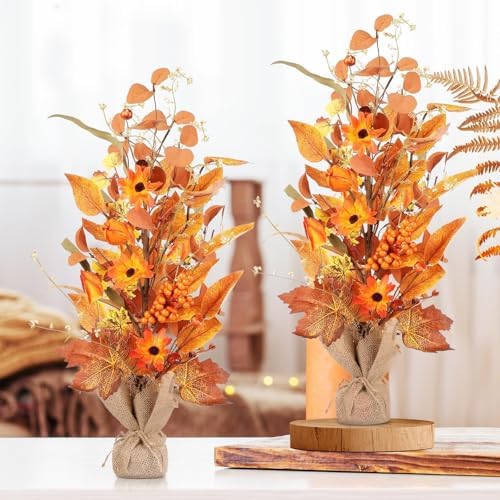 YLOLUL 2 Pcs 22 Inch Artificial Fall Tree Tabletop Decorations, Fake Berry Maple Leaf Thanksgiving Centerpieces for Table, Autumn Harvest Wedding Holiday Party Home Fireplace Mantle Decor - Image 2