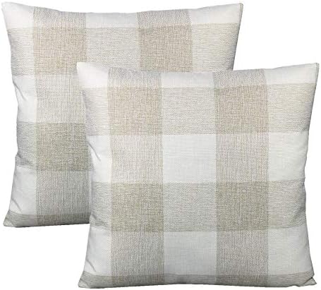 VAKADO Beige Buffalo Plaid Cotton Linen Throw Pillow Covers 26x 26 Set of 2 by VAKADO