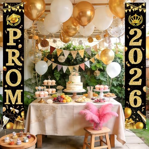 2026 Prom Decorations Banner Set of 2, 12" x 71" Black Gold Graduation Night Party Door Porch Sign Banners for School Home Yard Lawn Front Door Decor, 2026 Pom Parties Backdrop Decoration Indoor Outdoor - Image 5