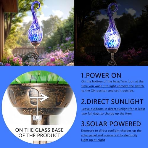 Garden Solar Lights,Flame Solar Lights Outdoor - Hand Blown Glass Waterproof Glass Stakes Outdoor Waterproof Blue Flame Solar Light - Image 5
