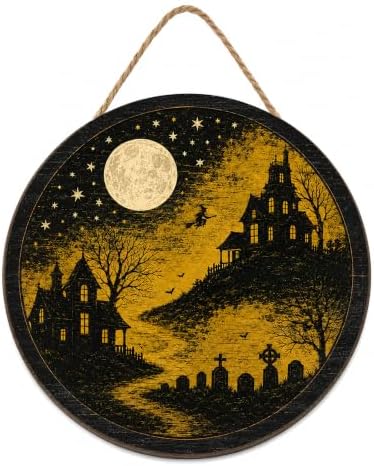 Gothic Halloween Decoration Wooden Sign, Autumn Moon Halloween Front Door Hanger, Spooky Image Wooden Sign for Indoor Outdoor Yard, Gothic Home Decorations by Unknown