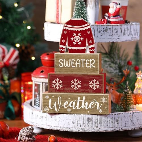 Lineshading 4 Pcs Christmas Table Decoration Wooden Block Signs Sweater - Image 2