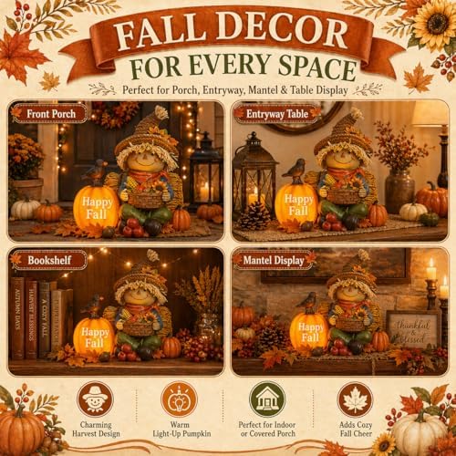 Fall Decorations for Home Outdoor Solar Lighted Fall Scarecrow Decor Thanksgiving Outdoor Decorations for Porch Garden Yard Patio Entryway, Lighted Pumpkin Decor Fall Garden Statue - Image 2