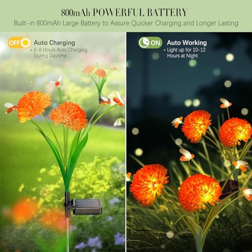 Solar Garden Lights, 4 Pack Solar Swaying Bee Lights with Flowers, Waterproof Firefly Light Outdoor for Garden Patio Yard Pathway Fall Decoration Gifts for Women Mother's Day - Image 3