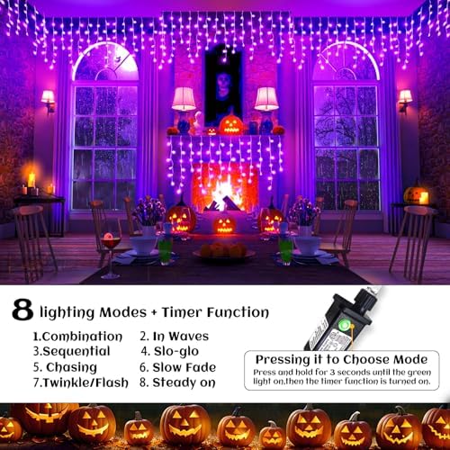 66ft Purple Christmas Lights Outdoor Indoor, 640 LED Icicle Lights for Outside Twinkle Christmas Lights with 120 Drops Clear Wire Timer 8 Modes for House Party Tree Yard Patio Eaves Holiday Decoration - Image 2