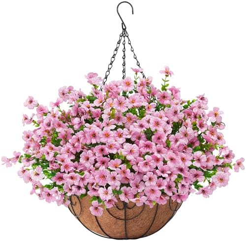 Artificial Fake Hanging Flowers Plants Basket for Outdoors Outside Spring Decoration,Hanging Planters with Faux Silk Flowers Realistic UV Resistant for Balcony Porch Patio Garden Fron Home Decor（Pink） by Digtecno