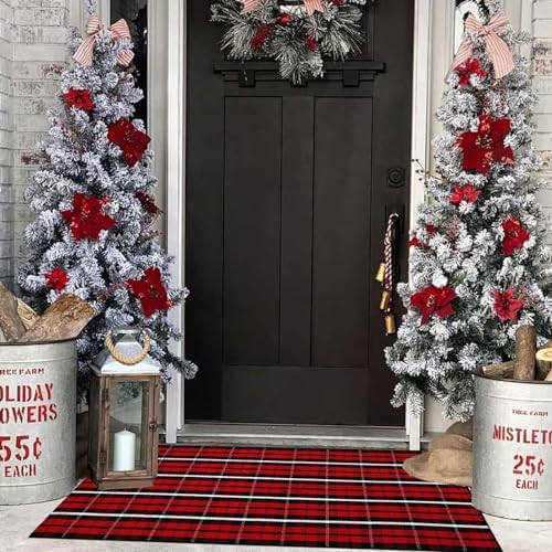 Bottalive Christmas Plaid Outdoor Rug, 2' x 4'3'' Red & Black Check Indoor/Outdoor Area Rug, Layering Rug for Hello/Welcome Door Mat, Machine Washable Cotton Woven Farmhouse Mat for Front Porch Décor - Image 3