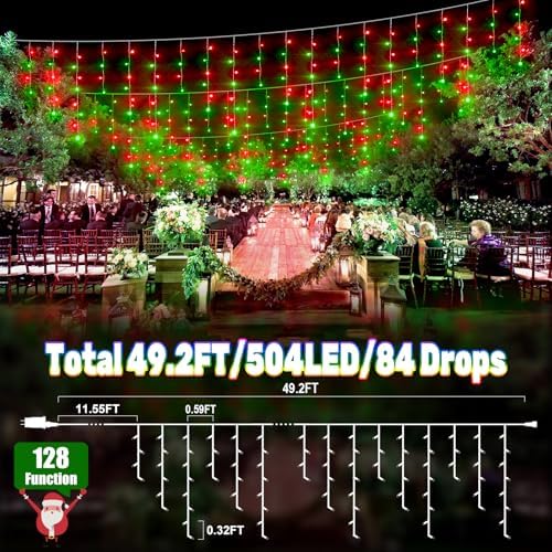 49FT 128 Functions Christmas Icicle Lights Outdoor with 504 LED 8 Modes and Timer Curtain Lights Outside for Garden Holiday Gatherings Indoor Outdoor Decorations - Image 2