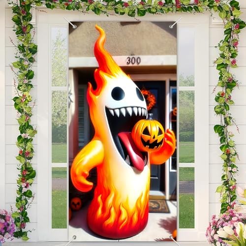 BlissYard Halloween Door Banner Reading Witch & Frog 35x71 Inches Spooky Magic Window Theme with Floating Potions Entryway Greeting Banner Potion Cauldron & Moonlit Bats Indoor Outdoor Holiday Decor by BlissYard