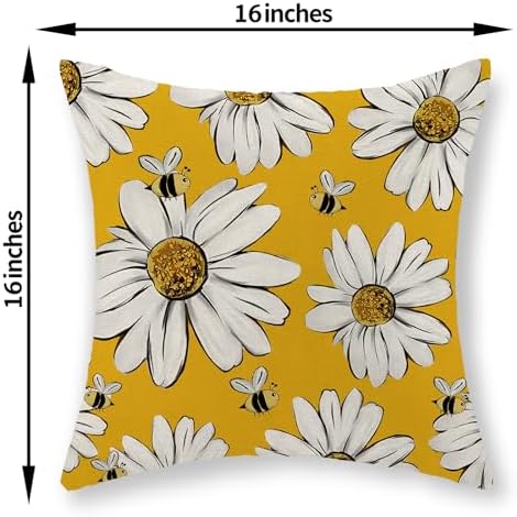 Summer Pillow Covers 16x16 Inch Set of 2 Floral Bee Sunflowers Yellow Throw Pillows Spring Outdoor Decorative Pillow Cases Linen Farmhouse Seasonal Cushion Covers Decor for Living Room Couch - Image 2