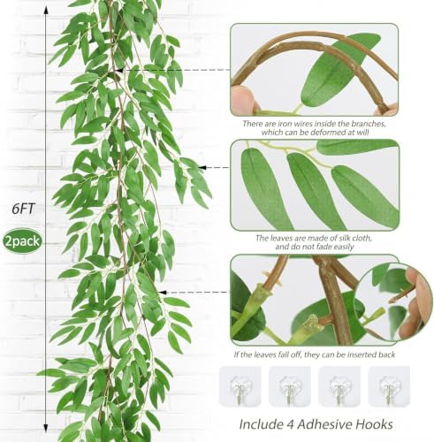 RECUTMS Artificial Silk Willow Leaves Twig Garland 2Pc 6Ft Light Green Vine - Image 3