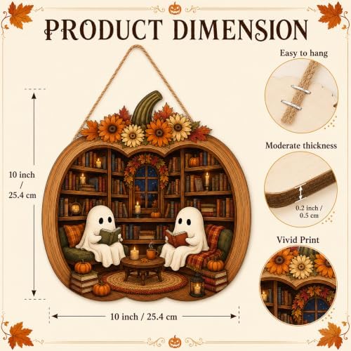 Halloween Pumpkin Book Stack Sign, Pumpkin Halloween Front Door Hanger, Spooky Wooden Sign for Indoor Outdoor Yard, Сute Ghost Home Decorations Signs - Image 2