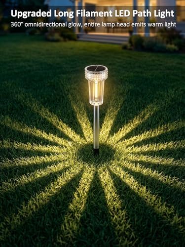 DERAYSION 12 Pack Solar Pathway Lights Outdoor, Solar Powered Garden Lights Auto On/Off, Waterproof Stainless Steel Pole Landscape Lighting for Path, Yard, Walkway, Driveway Decor - Warm White - Image 2