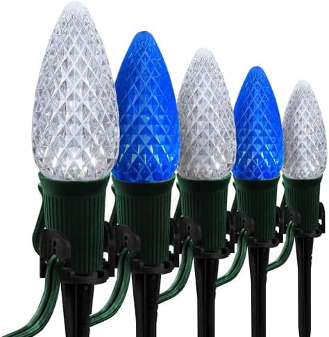 Wintergreen Lighting 100’ OptiCore LED Blue and White Christmas Pathway Lights, C9 Outdoor Christmas Lights, 4.5” Stakes, Green Wire Plug String Lights by WintergreenLighting