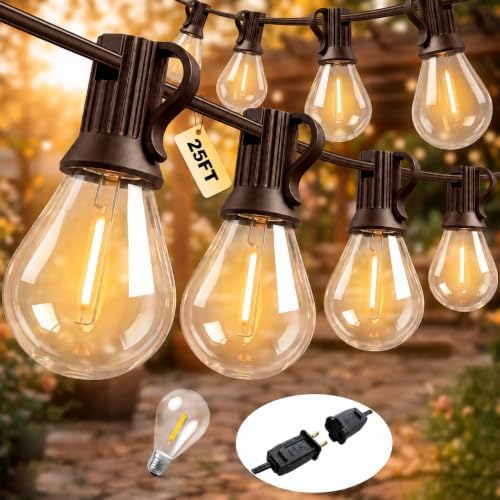 25FT Plug in Connectable Outdoor String Lights, Commercial Waterproof Shatterproof Edison Patio Lights, Dimmable Warm White Hanging Lighting for Backyard Porch Deck Balcony Garden Wedding Party Decor by SkoiucLights
