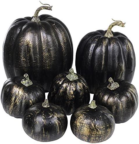Winlyn 7 Pcs Assorted Artificial Gold Brush Black Pumpkins Rustic Decorative Halloween Faux Foam Pumpkins for Fall Halloween Thanksgiving Tabletop Centerpiece Mantel Kitchen Decor by Winlyn