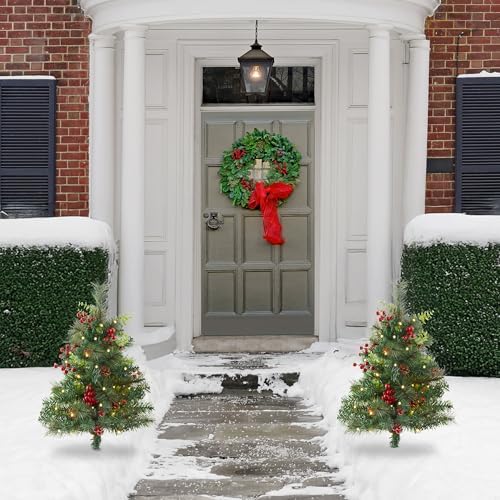 Casafield Set of 2-24" Outdoor Pathway Christmas Trees, Realistic Walkway Pre-Lit Holiday Decor with Red Berries, Pinecones, Mixed Greenery, and White LED Lights - Image 2