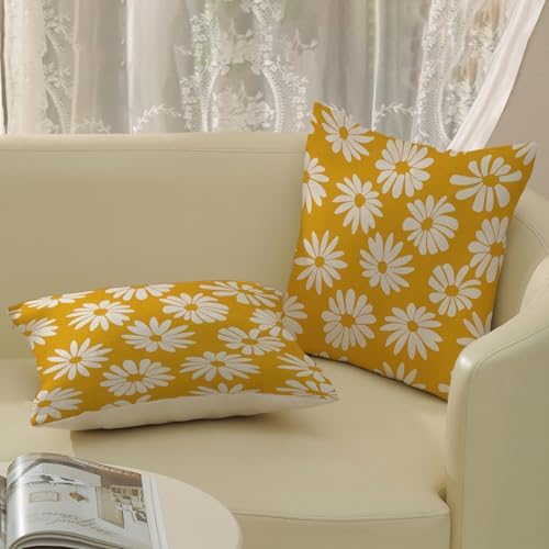 Mustard Yellow Pillow Covers 16x16 Inch 2 Pcs Daisy Floral Summer Outdoor Decor Throw Pillows Spring Flower Farmhouse Holiday Decoration Pillowcase Linen Cushion Cover for Couch Sofa Bed - Image 4