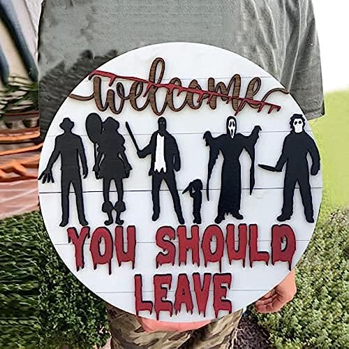 Halloween Horror Welcome Sign for Front Door, Horror Movie Characters Door Hanger Scary Halloween Decorations Wood Wreath Hanging Door Sign for Farmhouse Porch Wall Decor Outdoor - Image 4