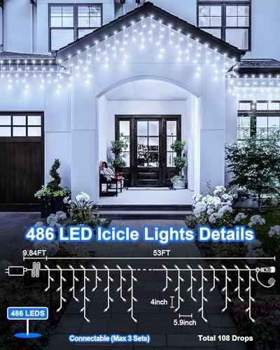 Cool White Christmas Lights Outdoor,2 Pack 53FT 486 LED Plug in Waterproof Christmas Lights for Outside, Timer & Memory, 8 Modes Hanging Fairy Light for Wedding Decorations House Eaves Yard Patio - Image 6