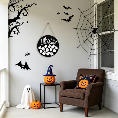 Hey Boo Sign 12x12 Inch Halloween Wreaths for Front Door Halloween Ghost Wood Door Hanger Black Boo Sign Farmhouse Holiday Decorations Wall Hanging Plaque for Trick or Treat Party Inside Outside - Image 5