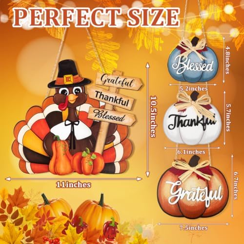 Thanksgiving Decoration Wood Pumpkin Turkey Door Wall Wreath for Front Door Sign Thankful Blessed Grateful, Pumpkin Sign for Fall Autumn Harvest Home Thanksgiving Party Outdoor Halloween Decoration - Image 3