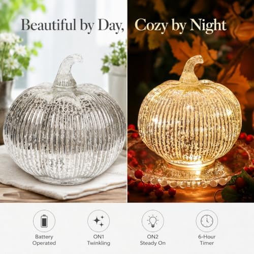 Silver Mercury Glass Pumpkin Light with 2 Lighting Modes and 6-Hour Timer, 5.5 x 6 Inch Battery Operated Fall Decor for Thanksgiving and Christmas Table Centerpiece - Image 3