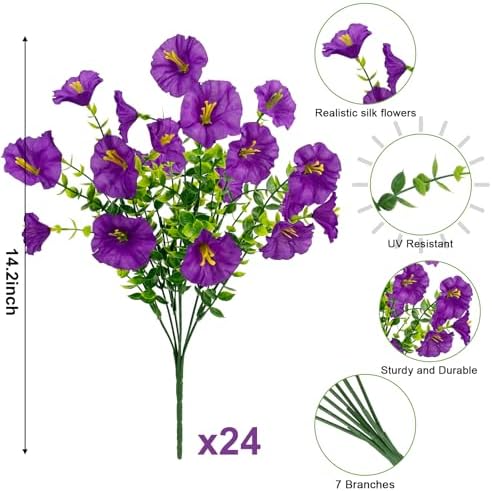 Ouddy Decor 24 Pcs Artificial Morning Glory Flowers for Outdoors, Purple - Image 2