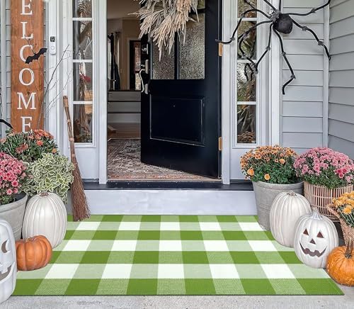 Green White Buffalo Plaid Layered Doormat27.5"x43.3" Cotton Front Porch Rug - Image 7