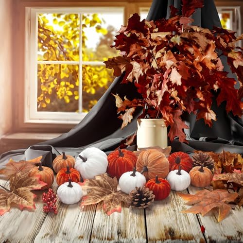 21 PCS Fall Artificial Velvet Pumpkins Set, Fake Fabric Pumpkin Faux Foam Pumpkins, Orange Khaki White Pumpkin Decorations for Fall Harvest Thanksgiving Farmhouse Mantel Centerpiece - Image 2