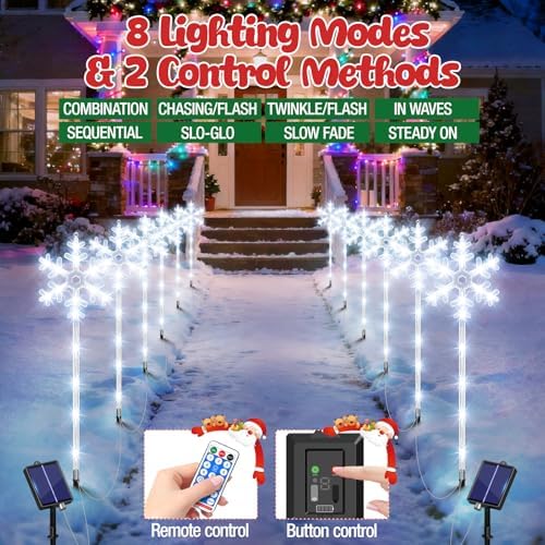 Solar Lights Outdoor Christmas Decorations 12 Pack - 192 LEDs Solar Christmas Snowflake Pathway Lights Outdoor with Remote & 8 Lighting Modes, Waterproof Xmas Lights for Garden Yard, Cool White - Image 2