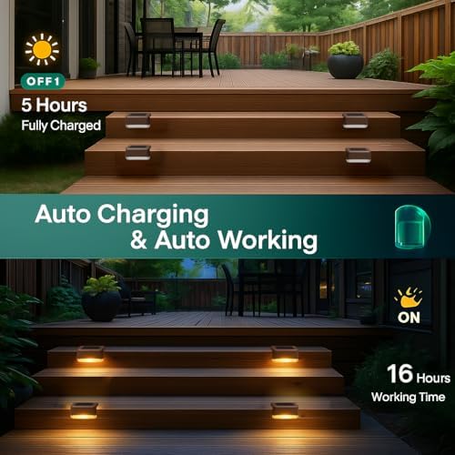 Solar Deck Lights Outdoor 16 Pack, Peel And Stick Deck Railing Lights, Long-lasting & Durable Waterproof For Outdoor Stairs, Step, Fence, Yard, Balcony, Patio, Railing, Garden & Pathway, (Warm White) - Image 2