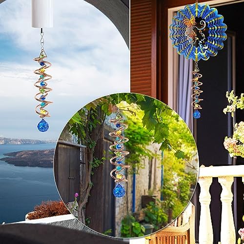 FONMY Gazing Ball Spiral Tail -Decorative Wind Spinner Sun Catcher Rainbow Maker Copper Double-Spiral W/Sea Blue Crystal Ball and Chain Crystals Beads for Indoor Outdoor Garden Decoration -14 inch H - Image 4