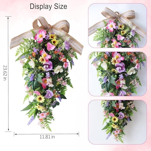 Eksen Spring Teardrop Swag for Front Door with LED Lights, Colorful Floral Swag Artificial Wildflower Greenery Door Decor with Burlap Bow, Farmhouse Spring Hanging Decoration for Porch Wall Window - Image 4